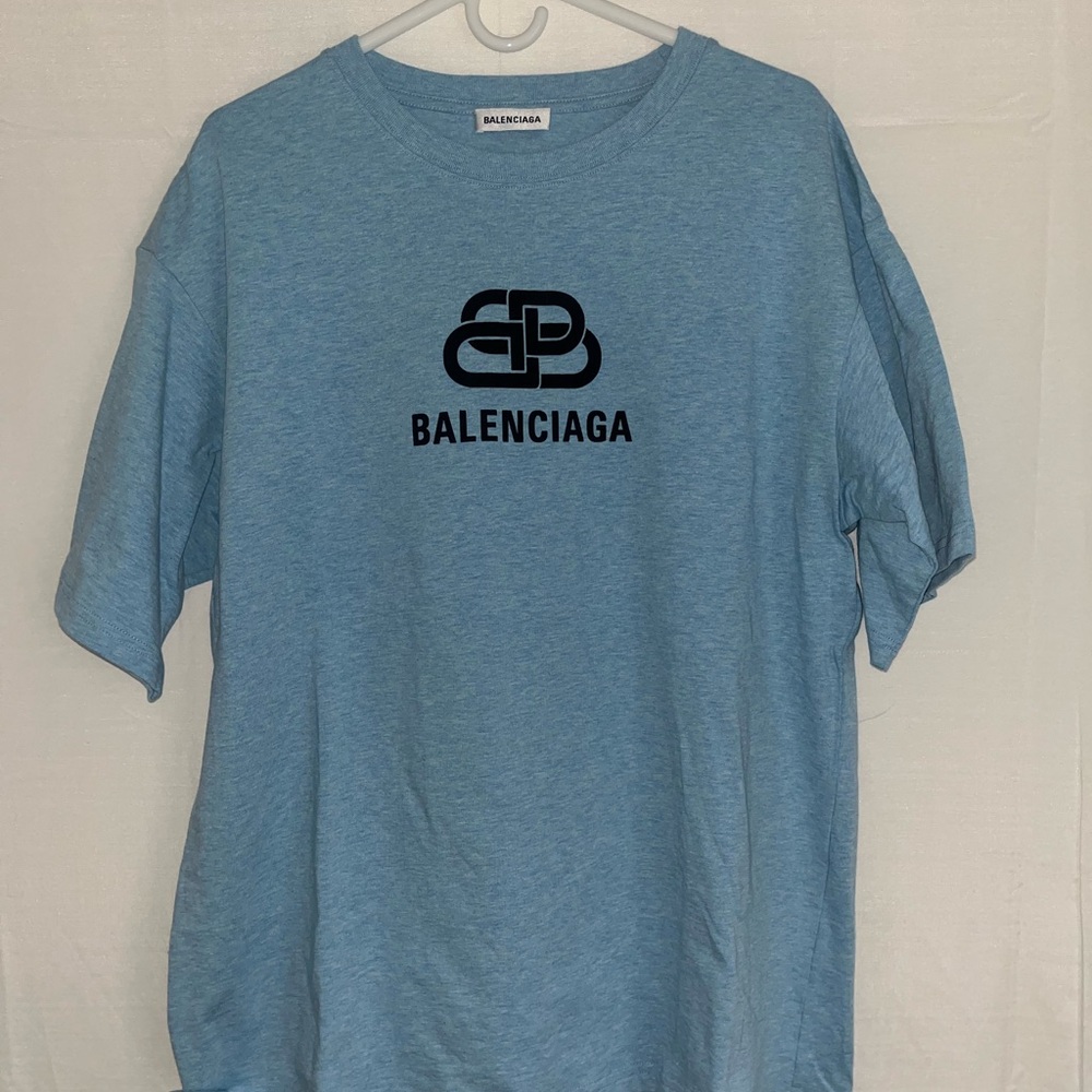 Balenciaga Men's T-Shirt Lock Logo Blue Size Medium Oversized